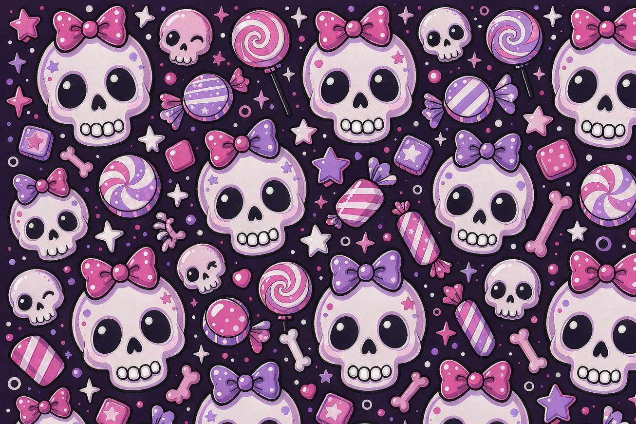 Pink and purple cartoon skulls with bows, candy and sparkles