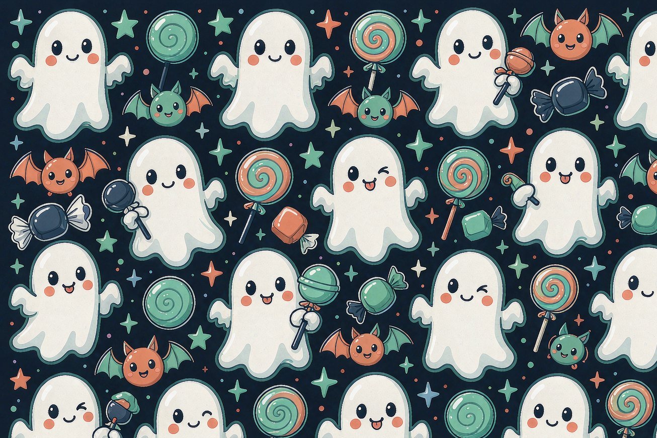 Teal and mint friendly ghosts with lollipops, candy and bats