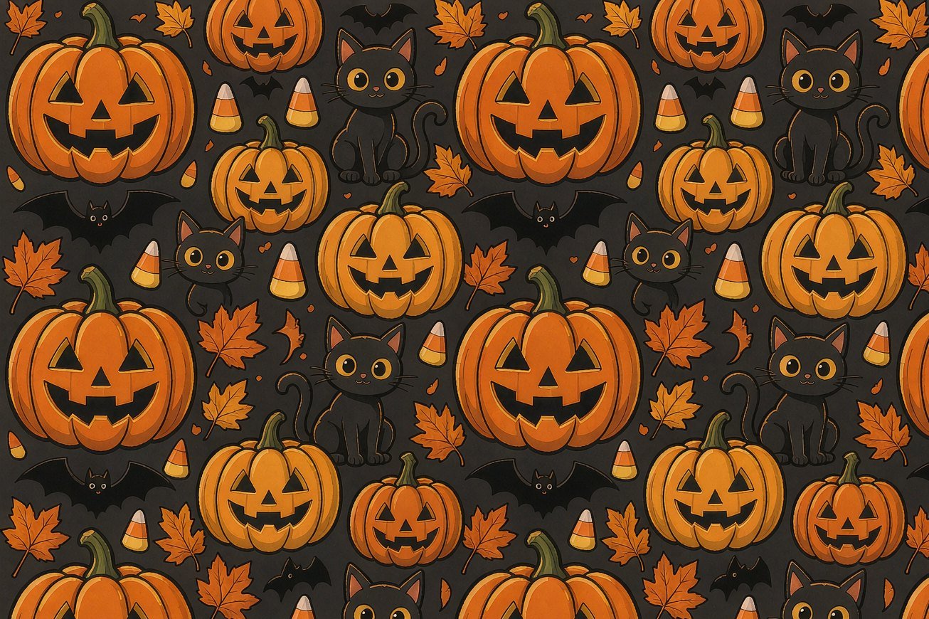 Orange jack-o-lanterns, cartoon black cats, candy corn and autumn leaves