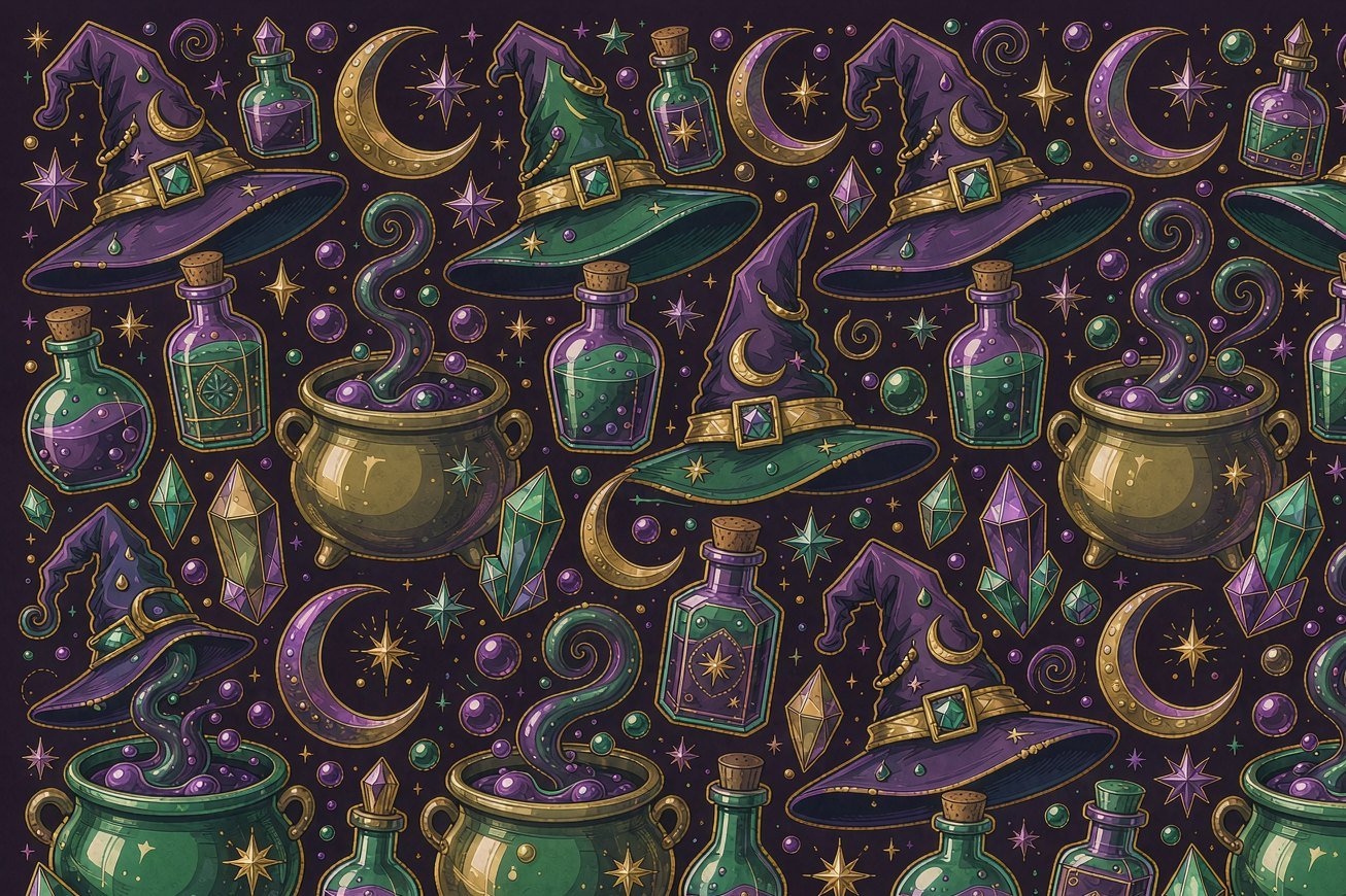 Green and purple witch hats, cauldrons, potion bottles and moons