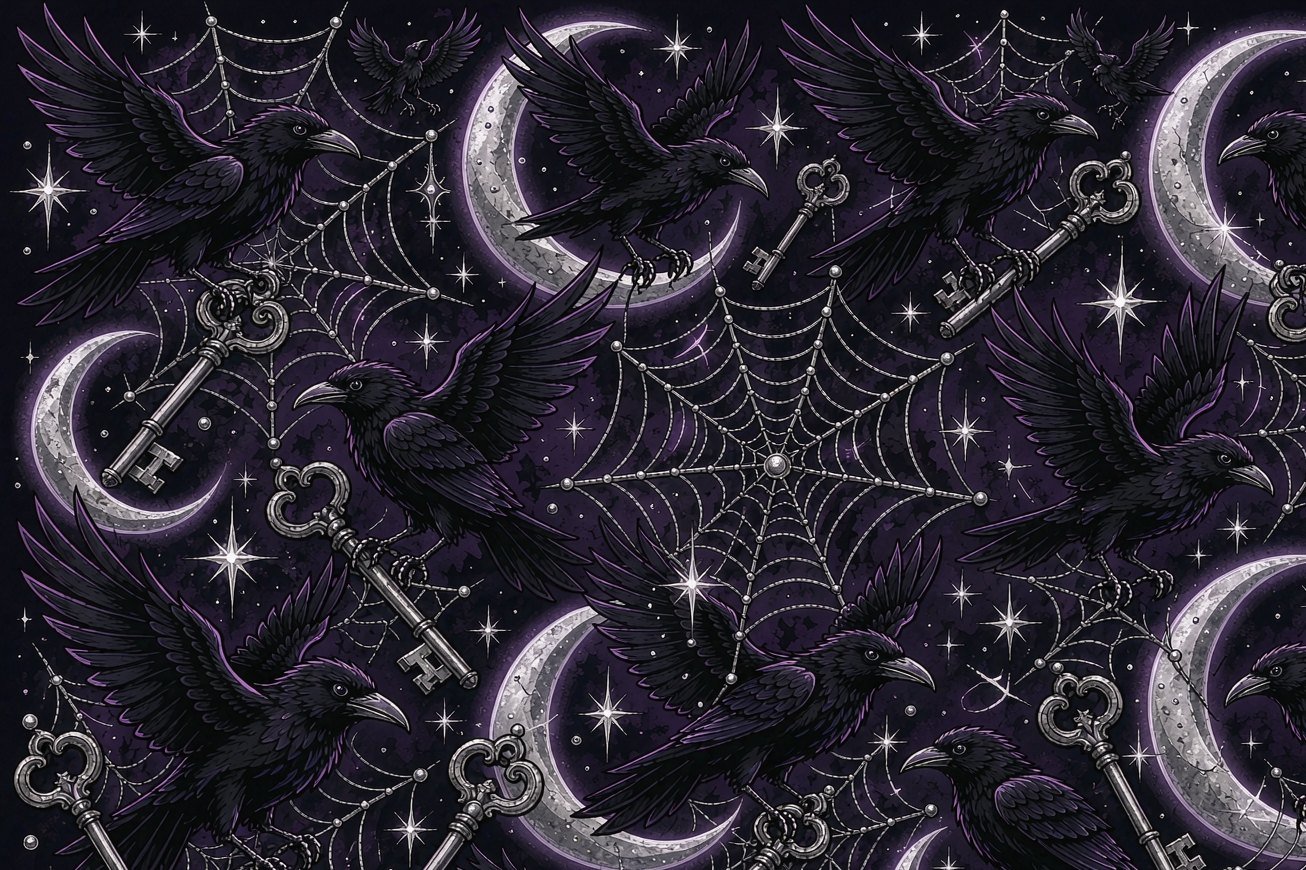 Purple spiderwebs, ravens, crescent moons and silver sparkles