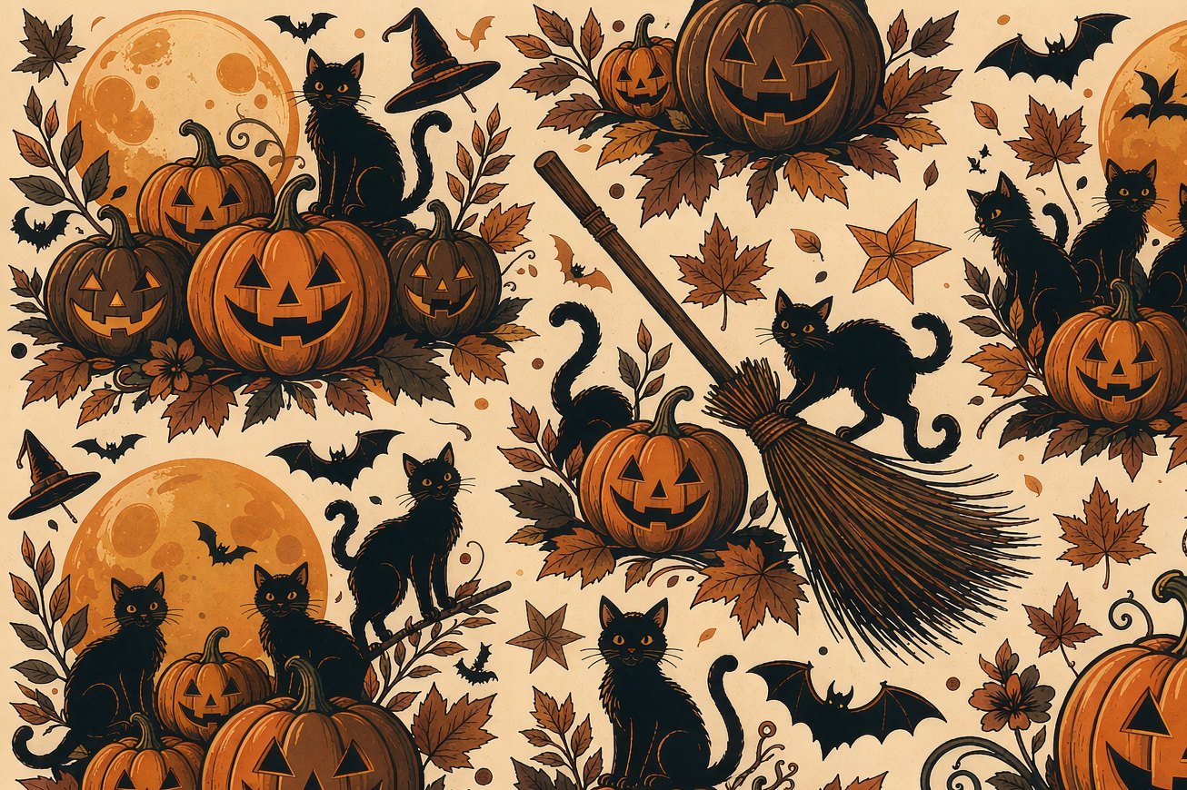 Retro cream print with black cats, pumpkins, brooms and autumn leaves