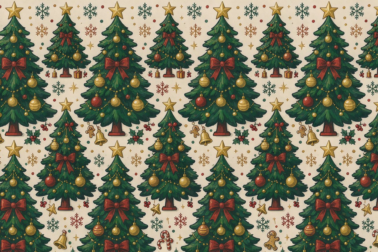 Green Christmas trees with gold baubles and red bows on cream