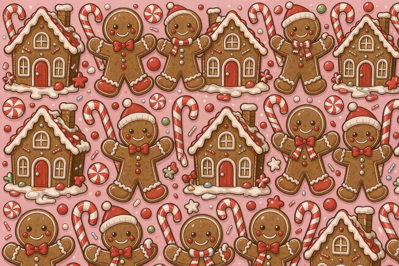 Gingerbread men, gingerbread houses and candy canes on pink
