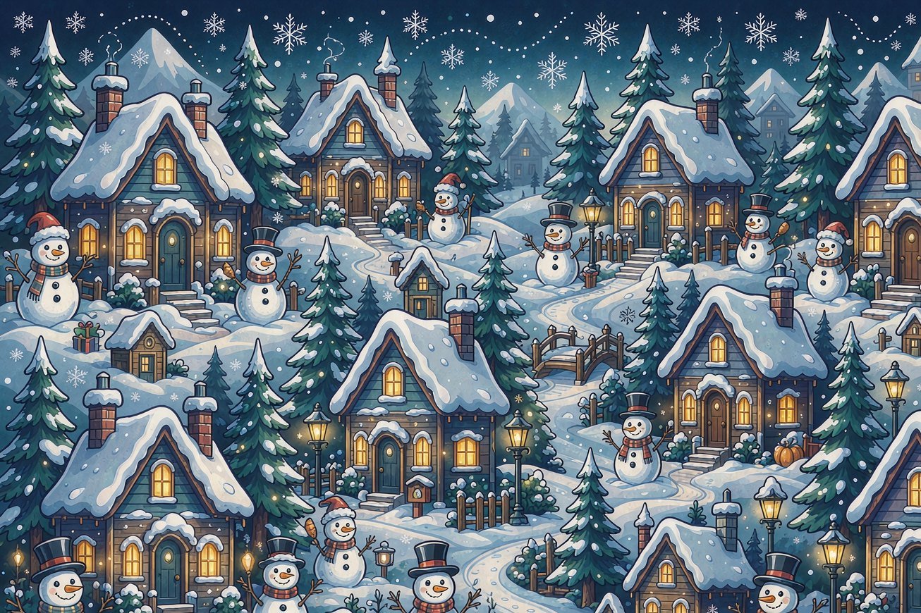 Snowy village with lit cottages, snowmen and pine trees at night