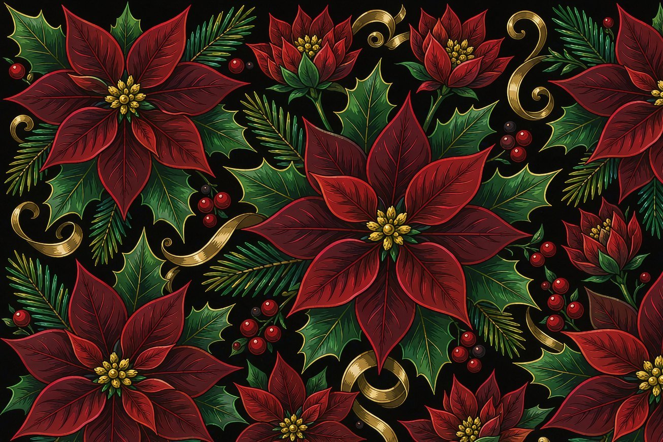 Burgundy poinsettias, holly berries and gold ribbons on black