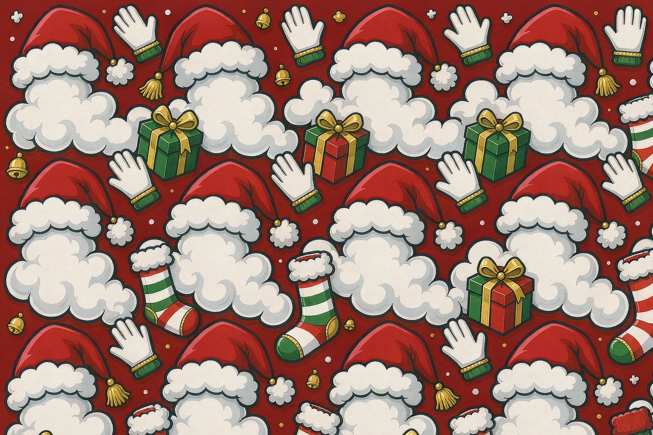 Red and white Santa hats, beards, mittens and striped stockings