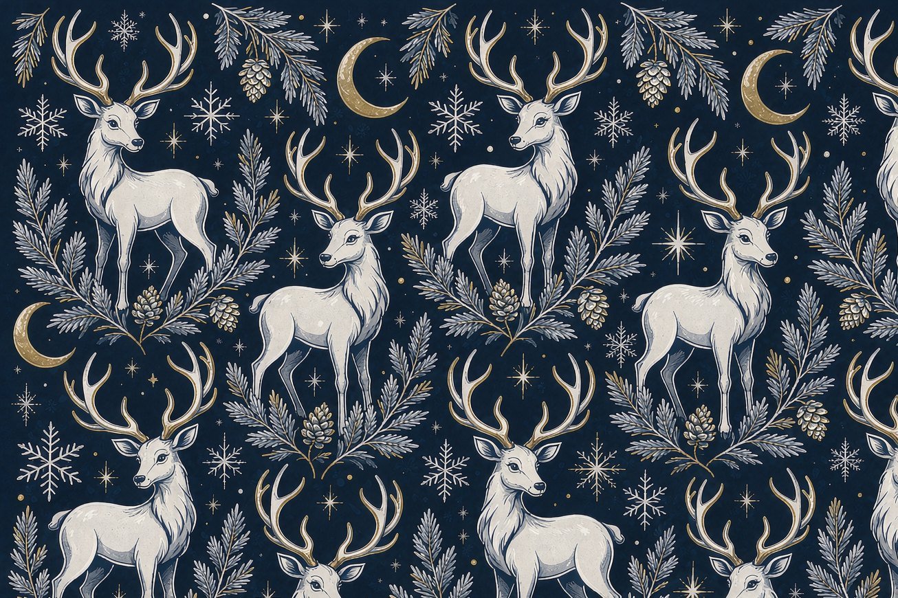 White reindeer with pine branches, snowflakes and moons on navy