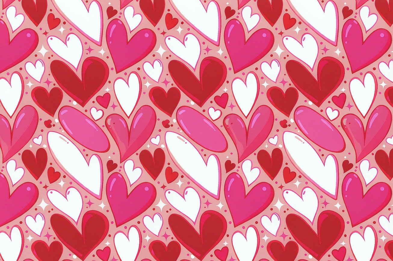 Pink and red hearts with sparkles on blush