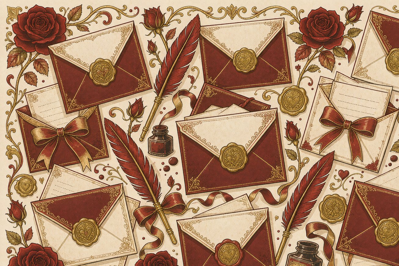 Vintage envelopes, wax seals, quill pens and roses on ivory