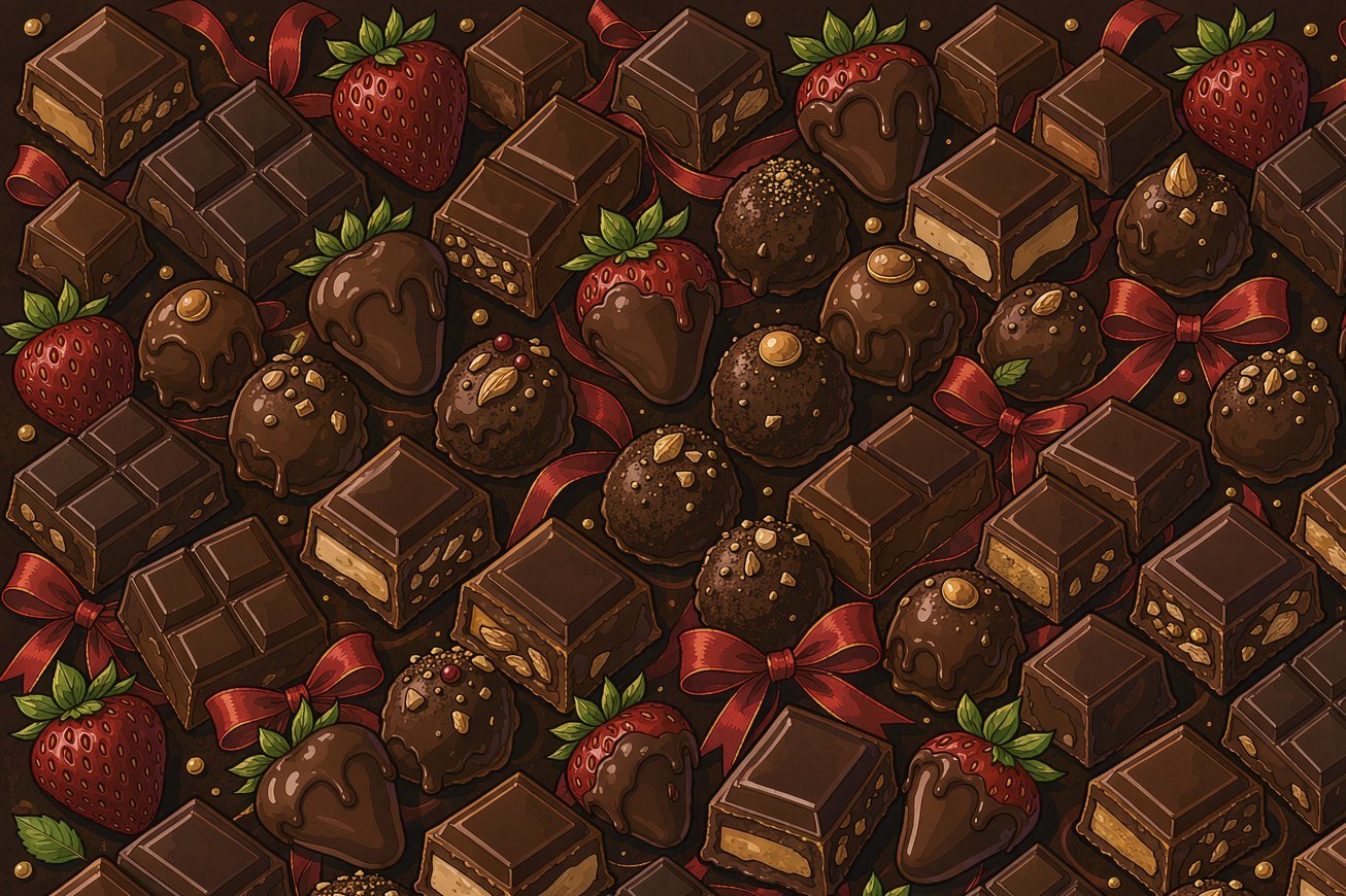 Chocolate squares and chocolate-dipped strawberries with red bows