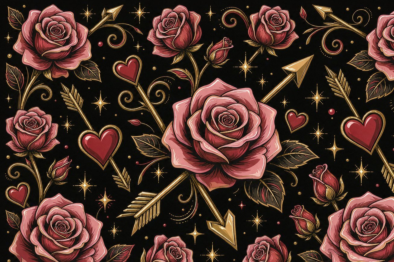 Golden arrows, roses and hearts on black