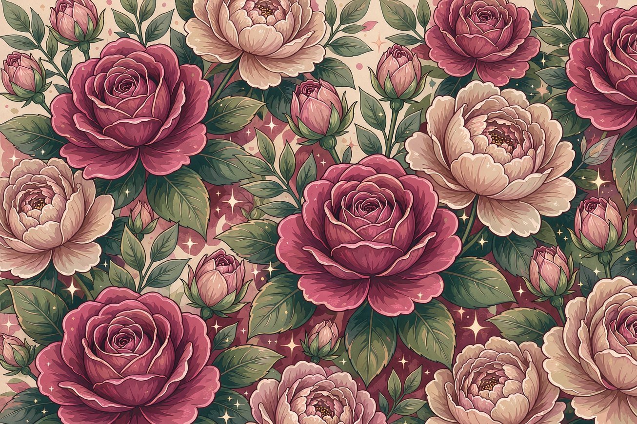 Lush pink and red roses with sage leaves