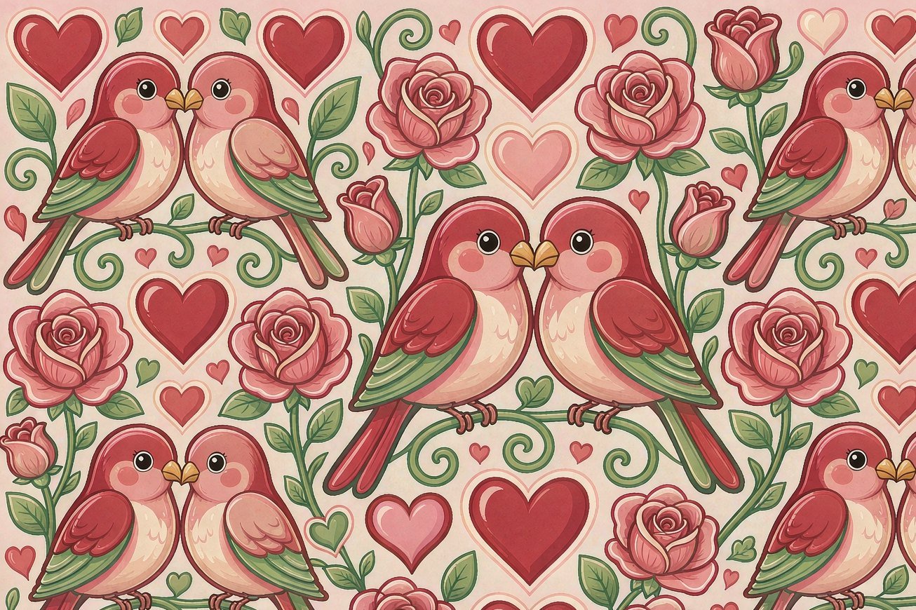 Sweet lovebirds, hearts and roses on cream