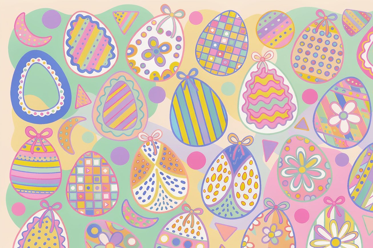 Pastel decorated Easter eggs with stripes, dots and bows