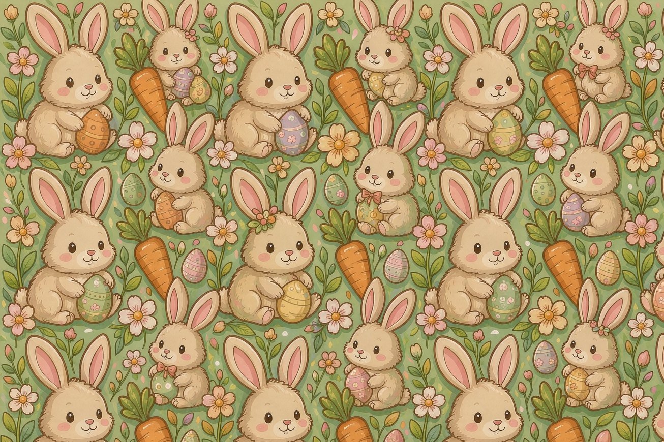 Cute bunnies with carrots and eggs on soft green