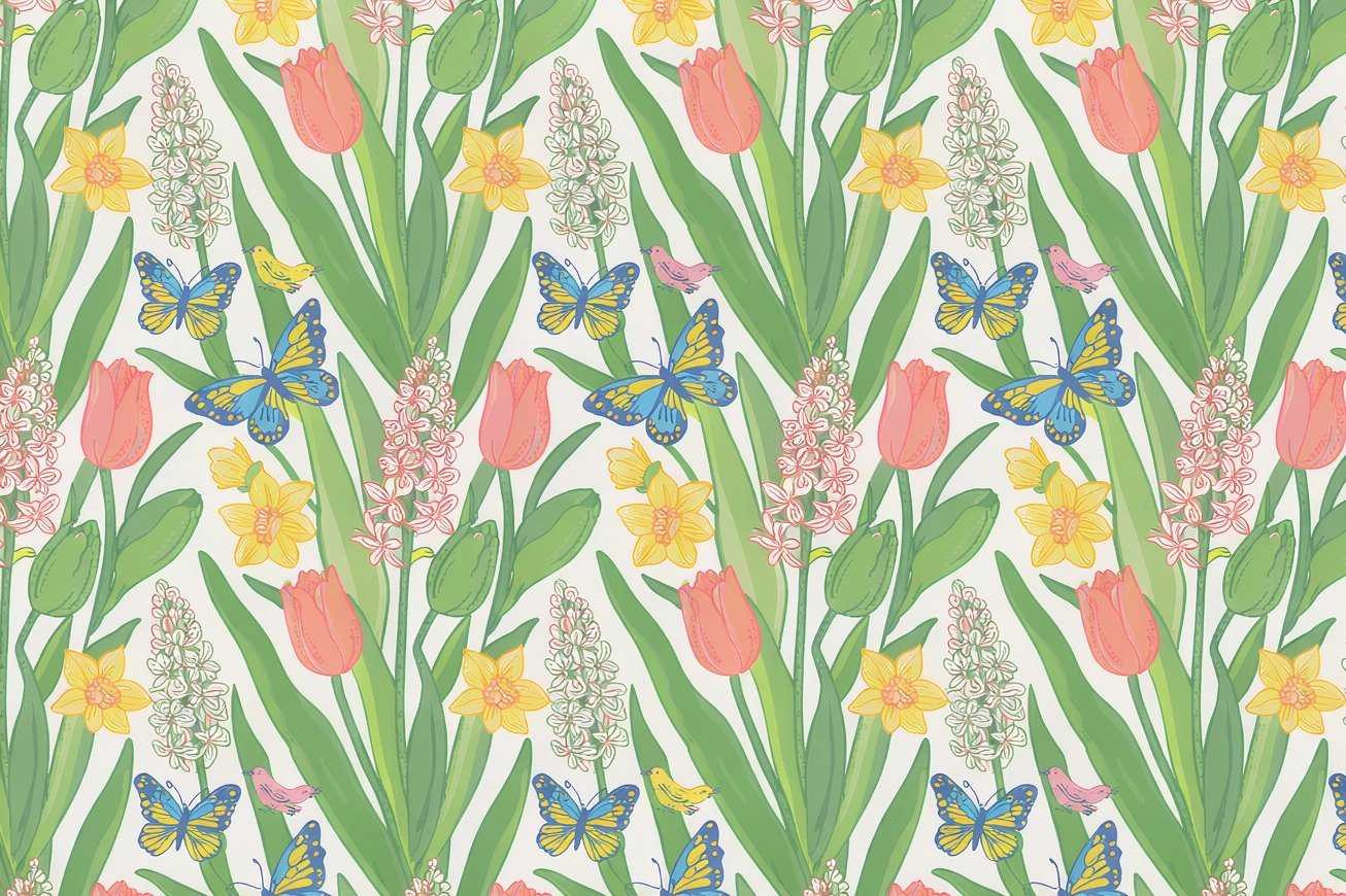 Tulips, daffodils and butterflies in a spring garden