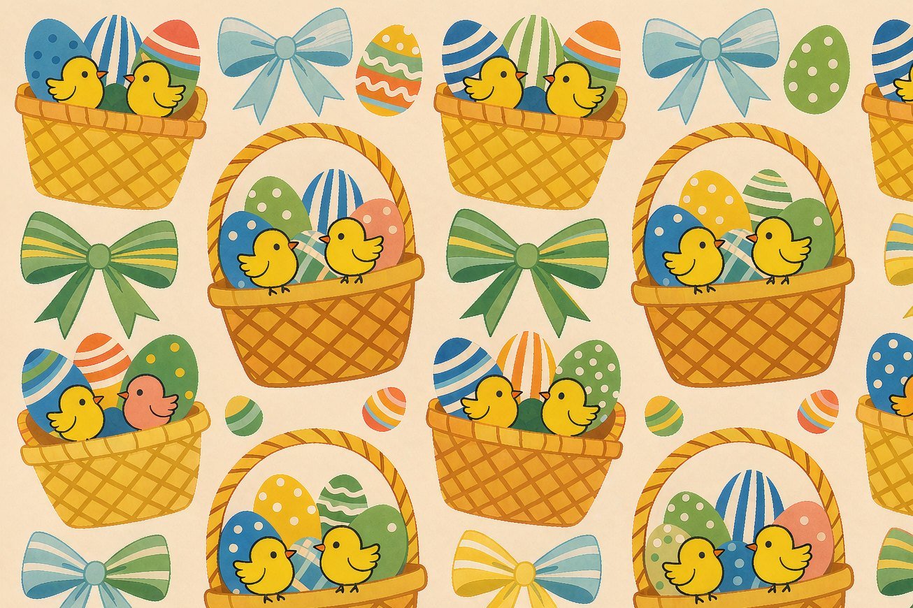 Woven Easter baskets with colourful eggs and chicks