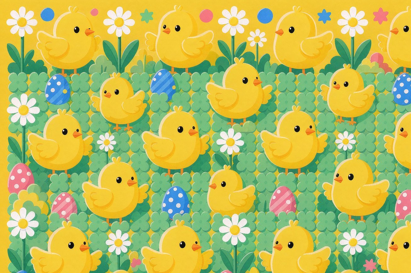 Yellow chicks with decorated eggs and daisies