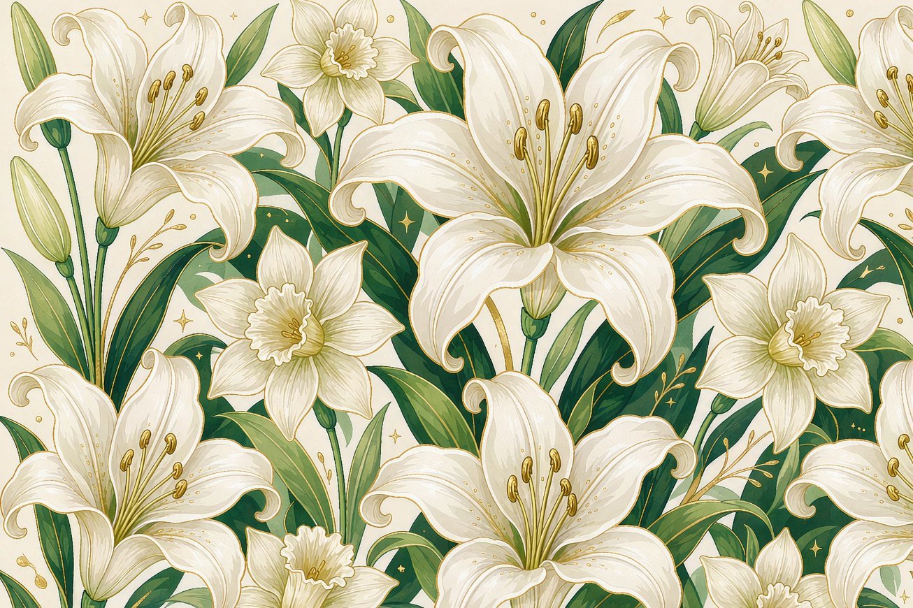 Elegant white lilies with green stems and gold accents
