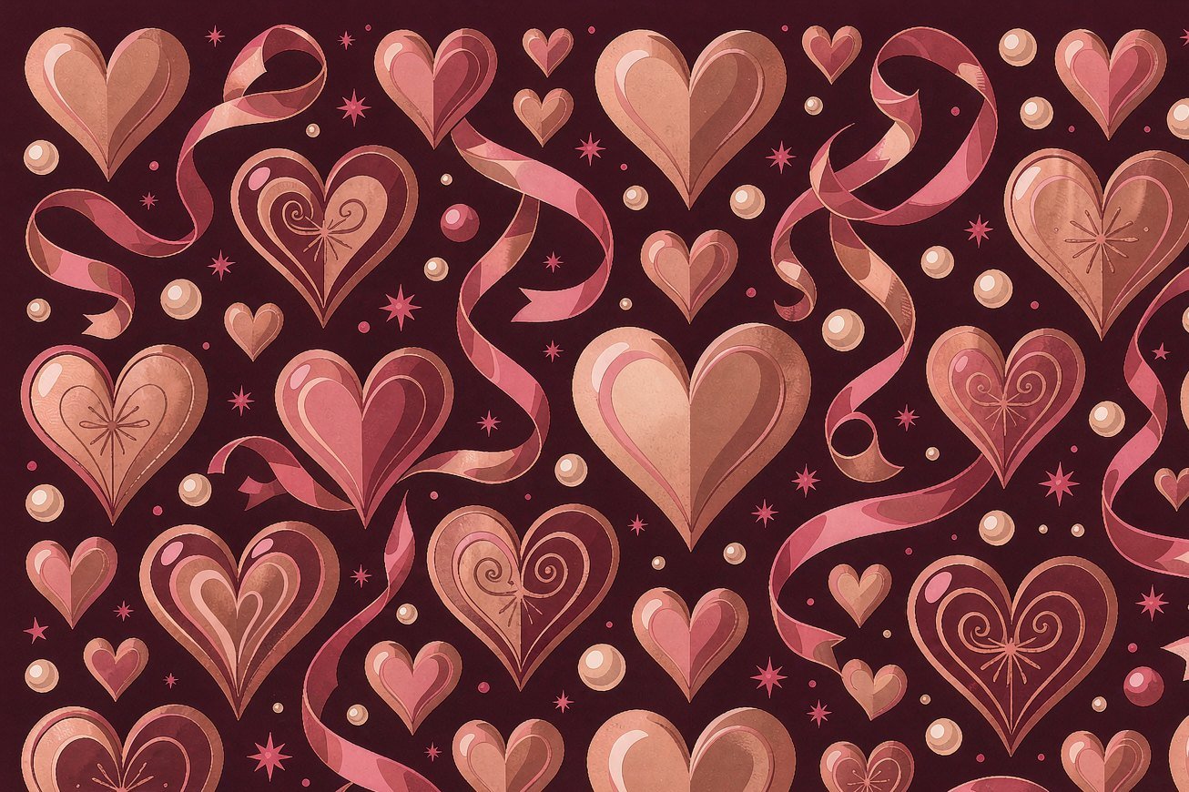 Rose gold hearts, pearls and ribbons on deep plum