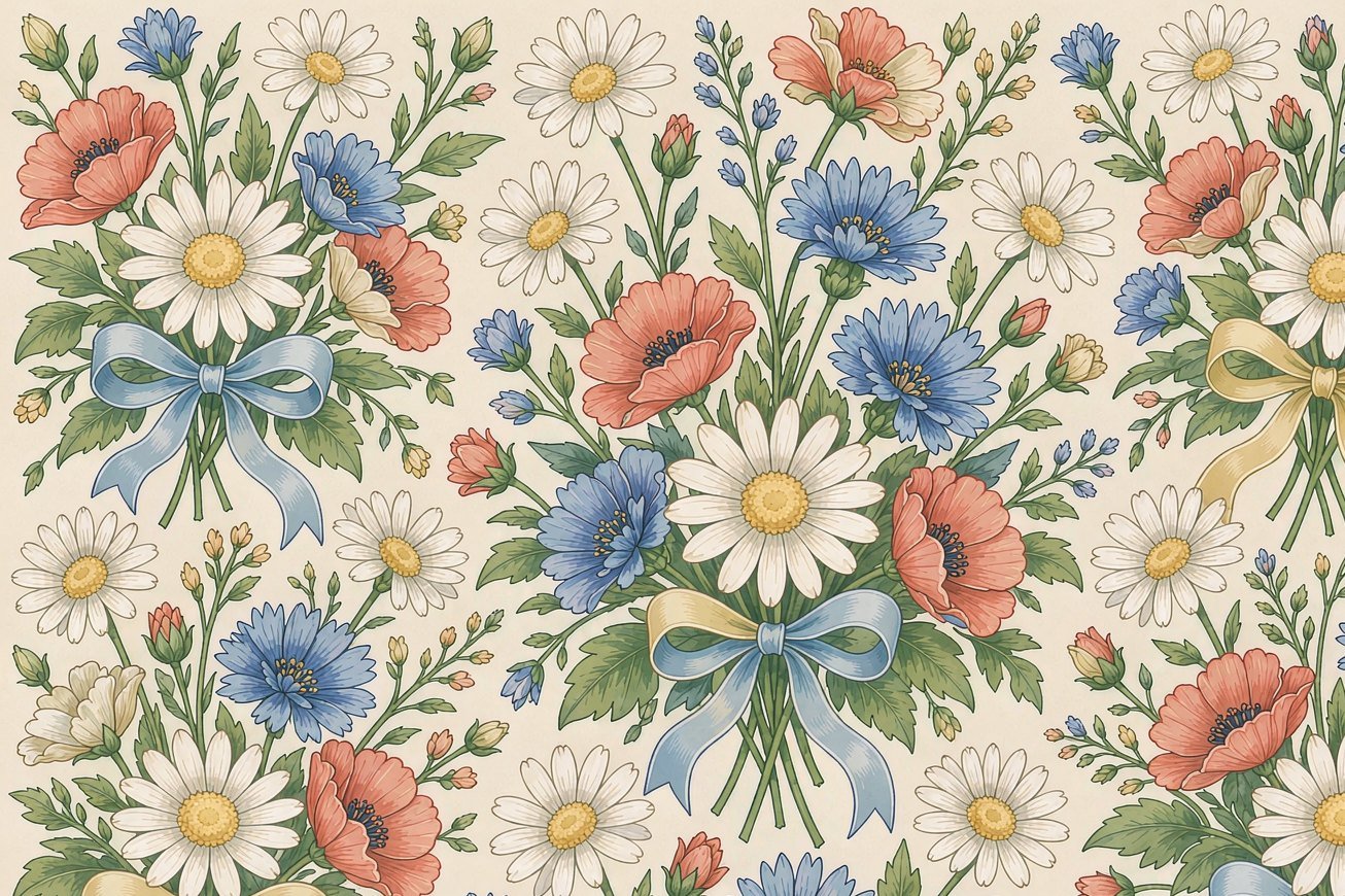 Daisies, cornflowers and poppies with ribbon bows