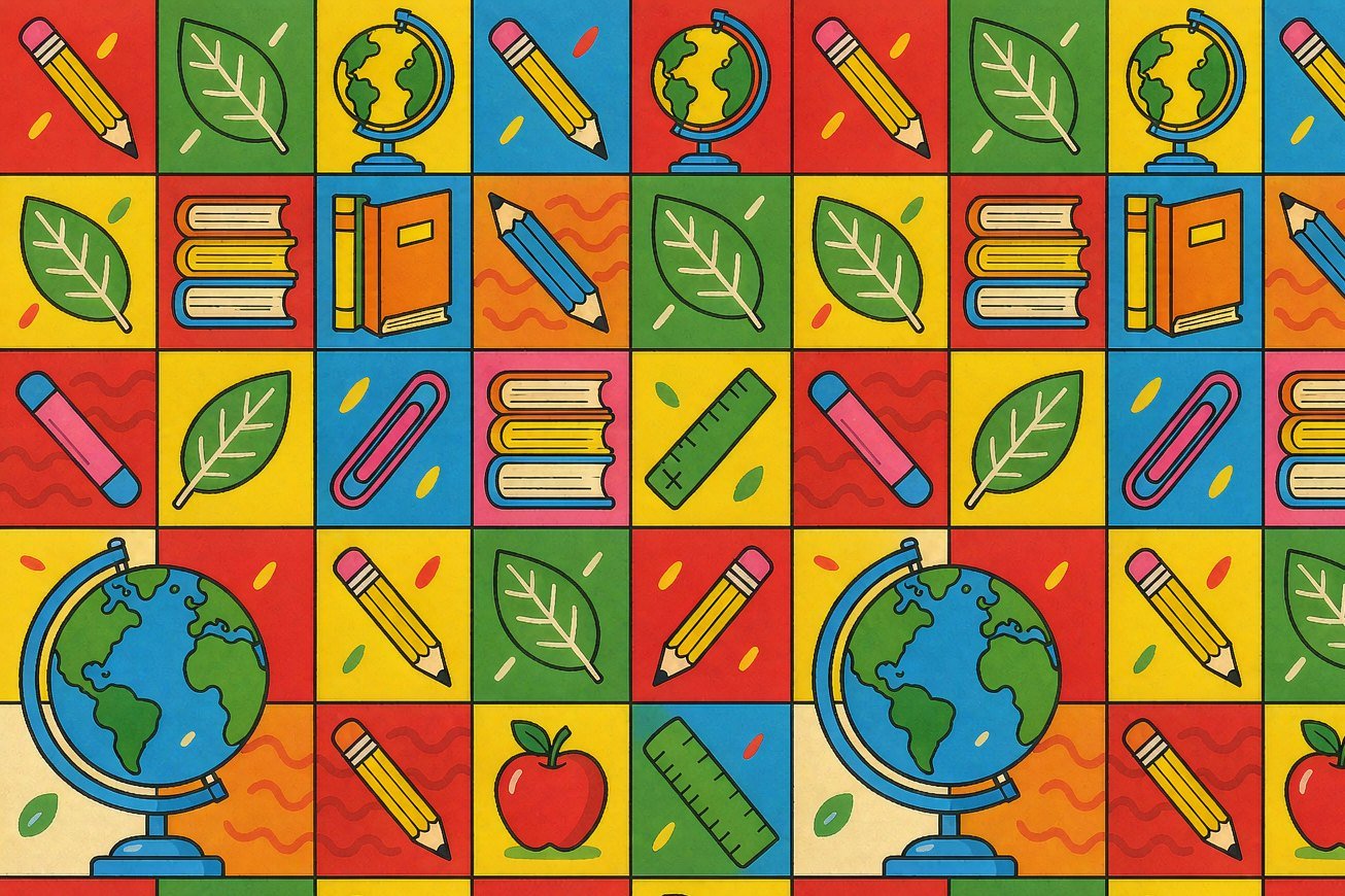 Pencils, books, apples and globes on a checkered ground