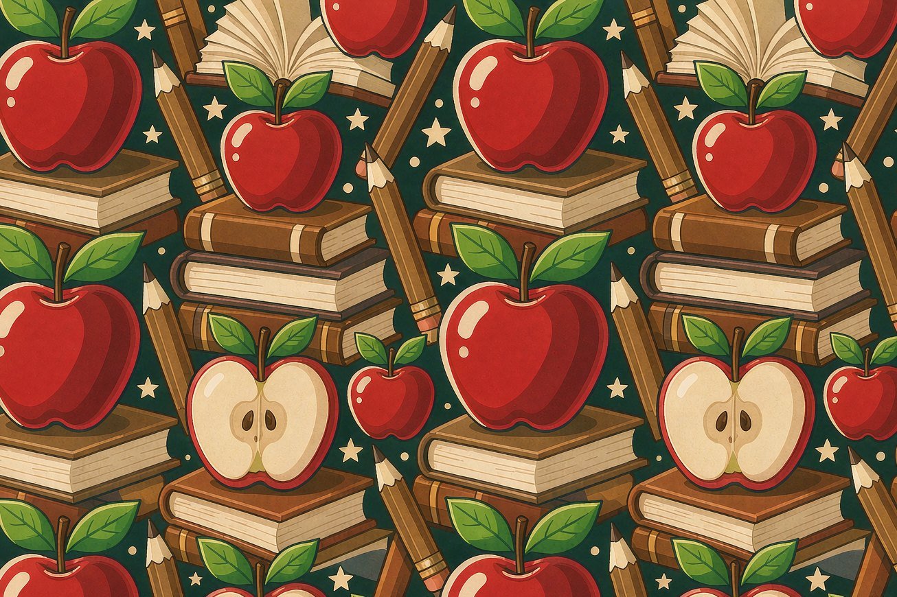 Red apples, stacked books and pencils
