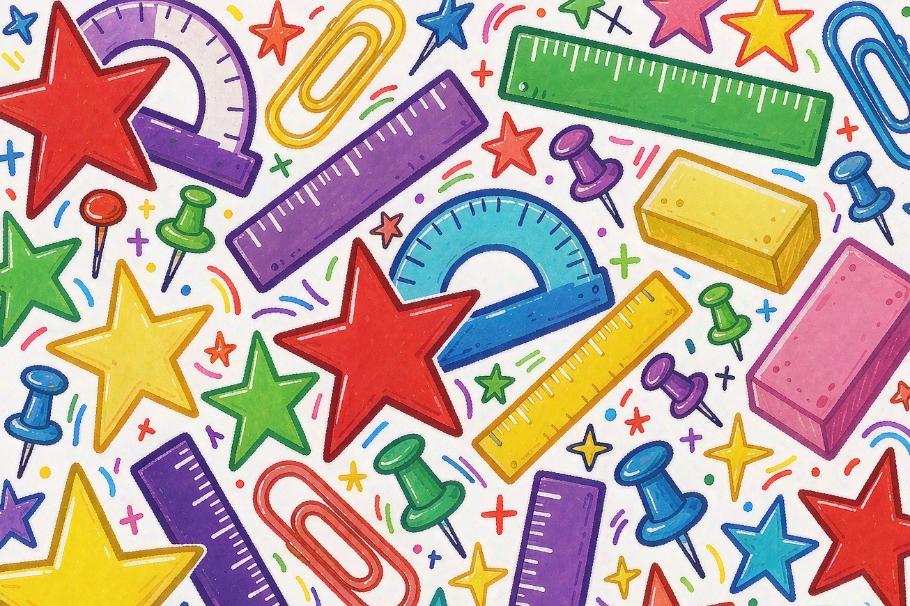 Colourful hand-drawn school supplies, stars and rulers