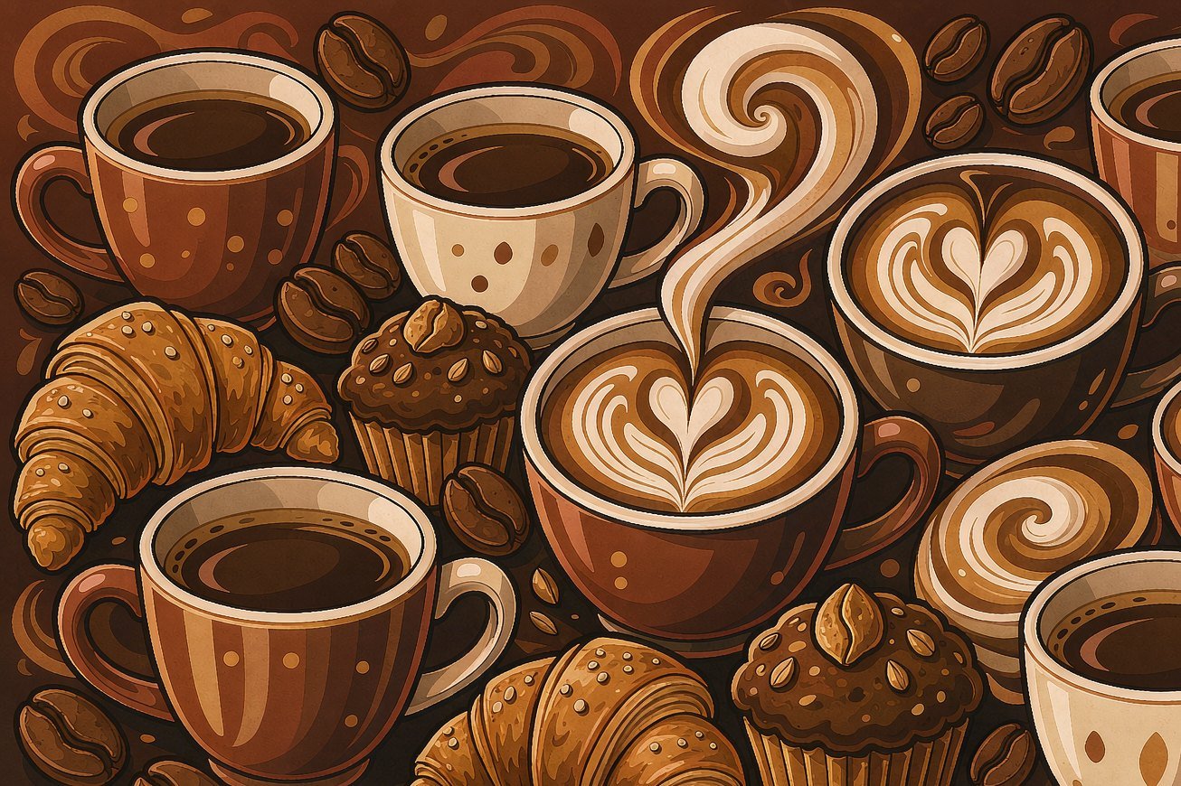 Coffee cups, latte art, beans and croissants