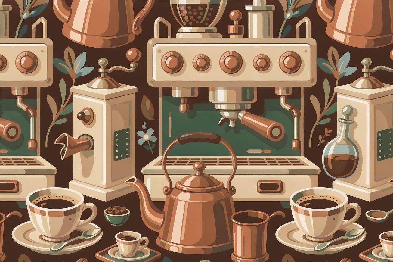 Vintage espresso machines, grinders and copper kettles