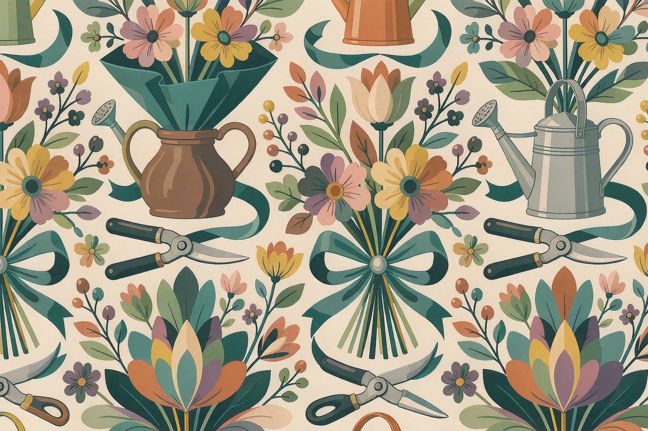 Wrapped bouquets, watering cans and ribbons in sage and coral