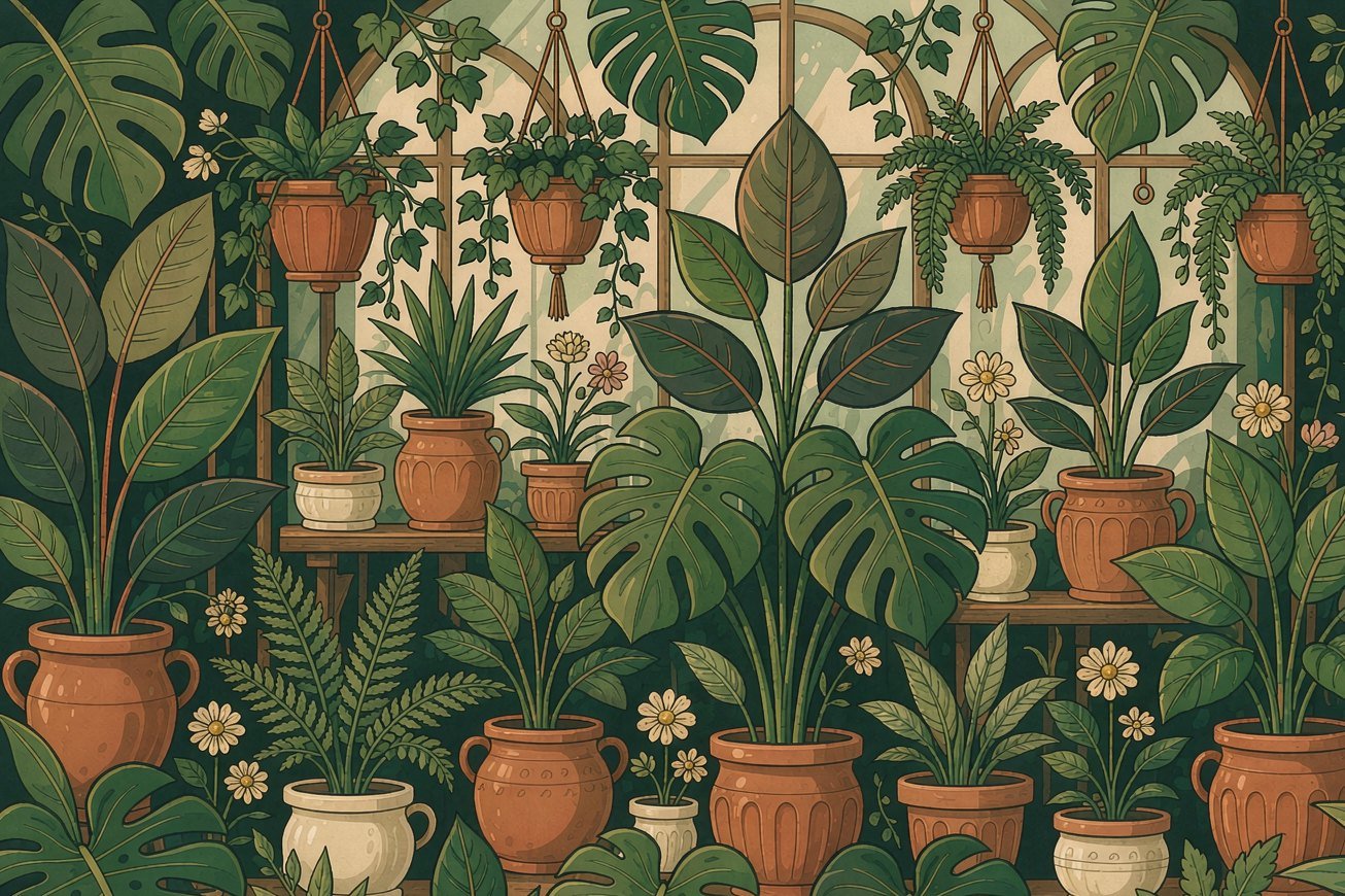 Potted plants, monstera and fern leaves in terracotta pots
