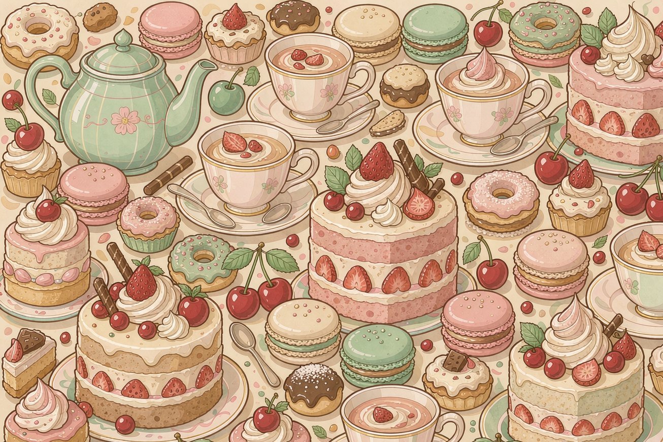 Macarons, cakes and teapots on soft pink