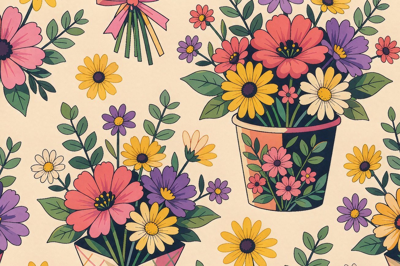 Flower buckets and bouquets in coral, marigold and lavender