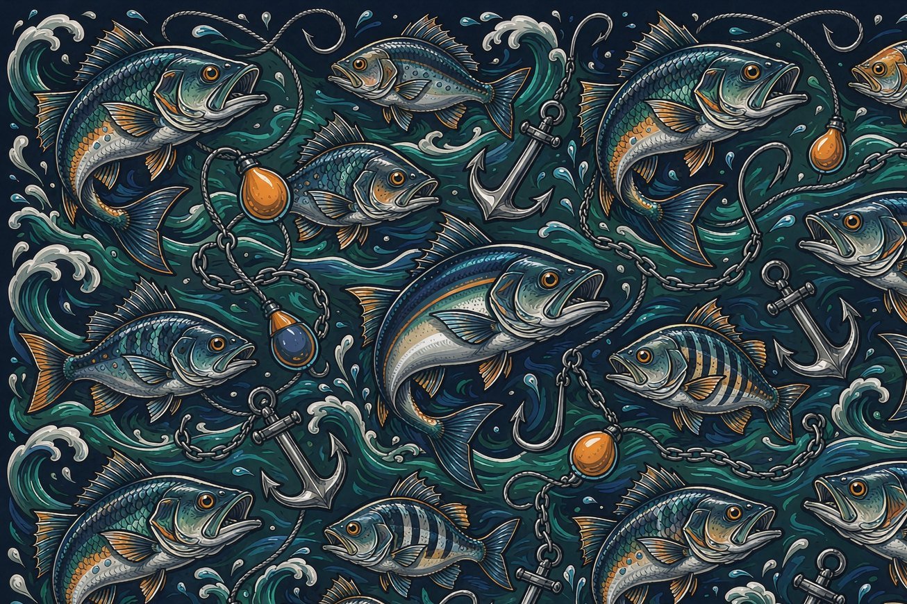 Fish, hooks, bobbers and waves on deep navy
