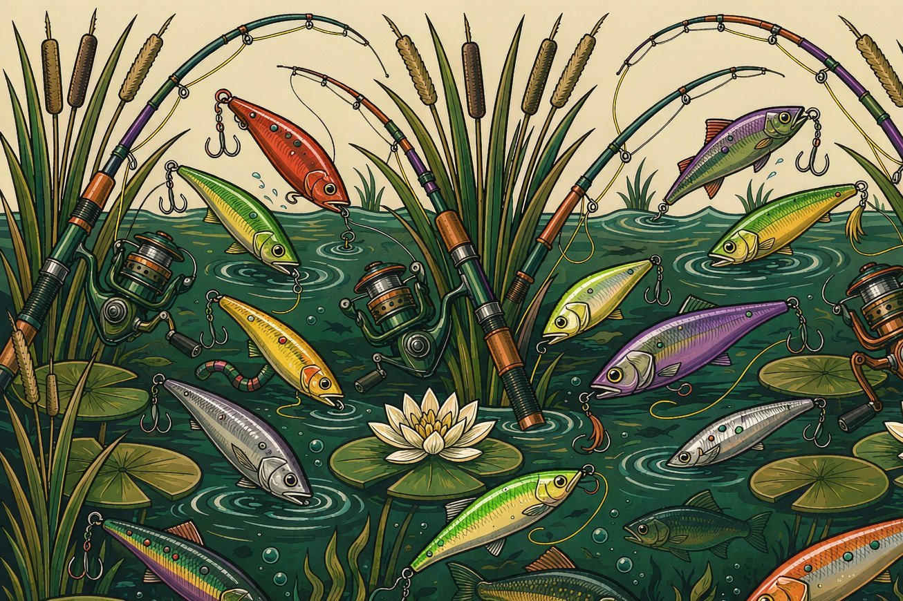 Fishing lures, rods and water lilies on a pond