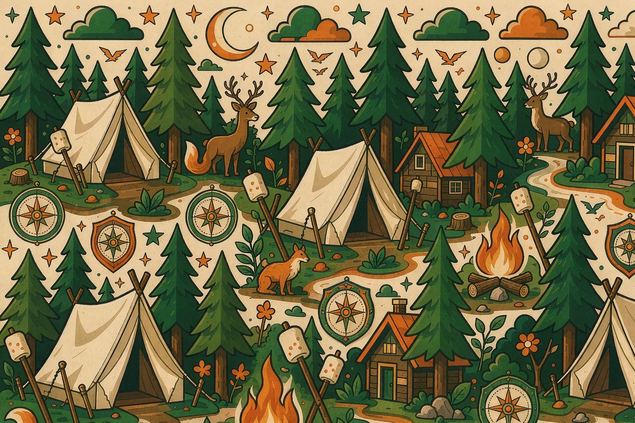 Tents, campfires and pine trees on cream
