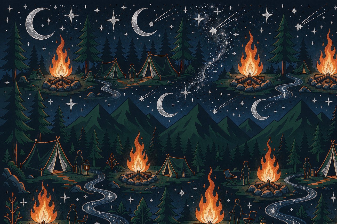 Campfires under starry night skies with pine trees