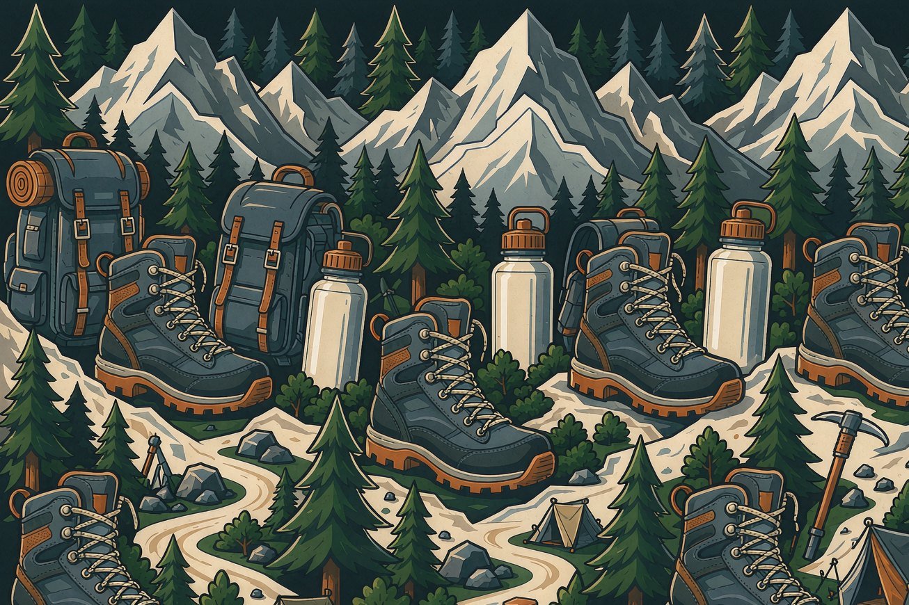 Snow-capped peaks, hiking boots and backpacks