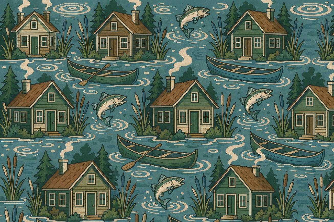 Wooden cabins, canoes and fish on a quiet lake