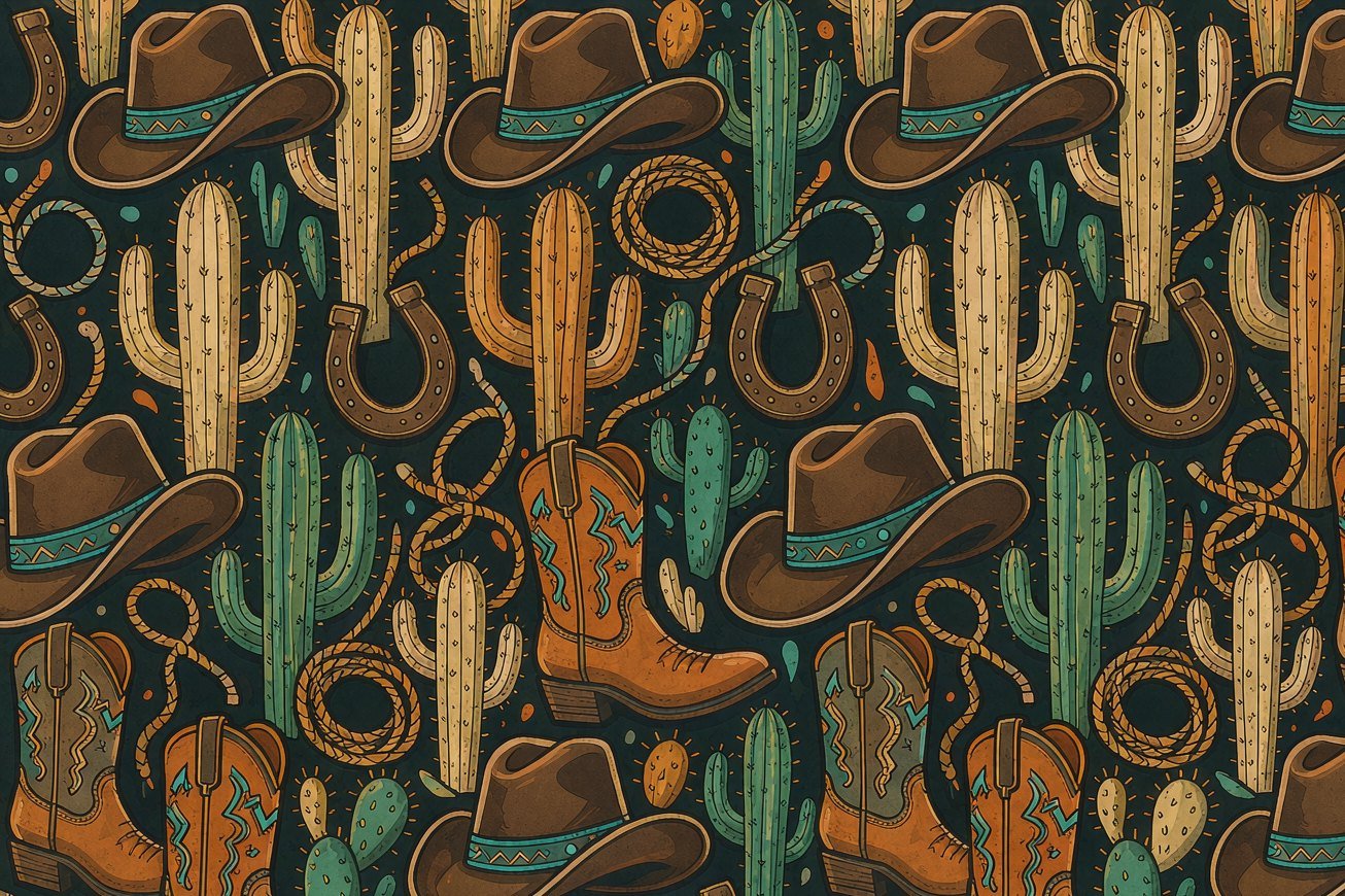 Cowboy hats, boots, cacti and horseshoes