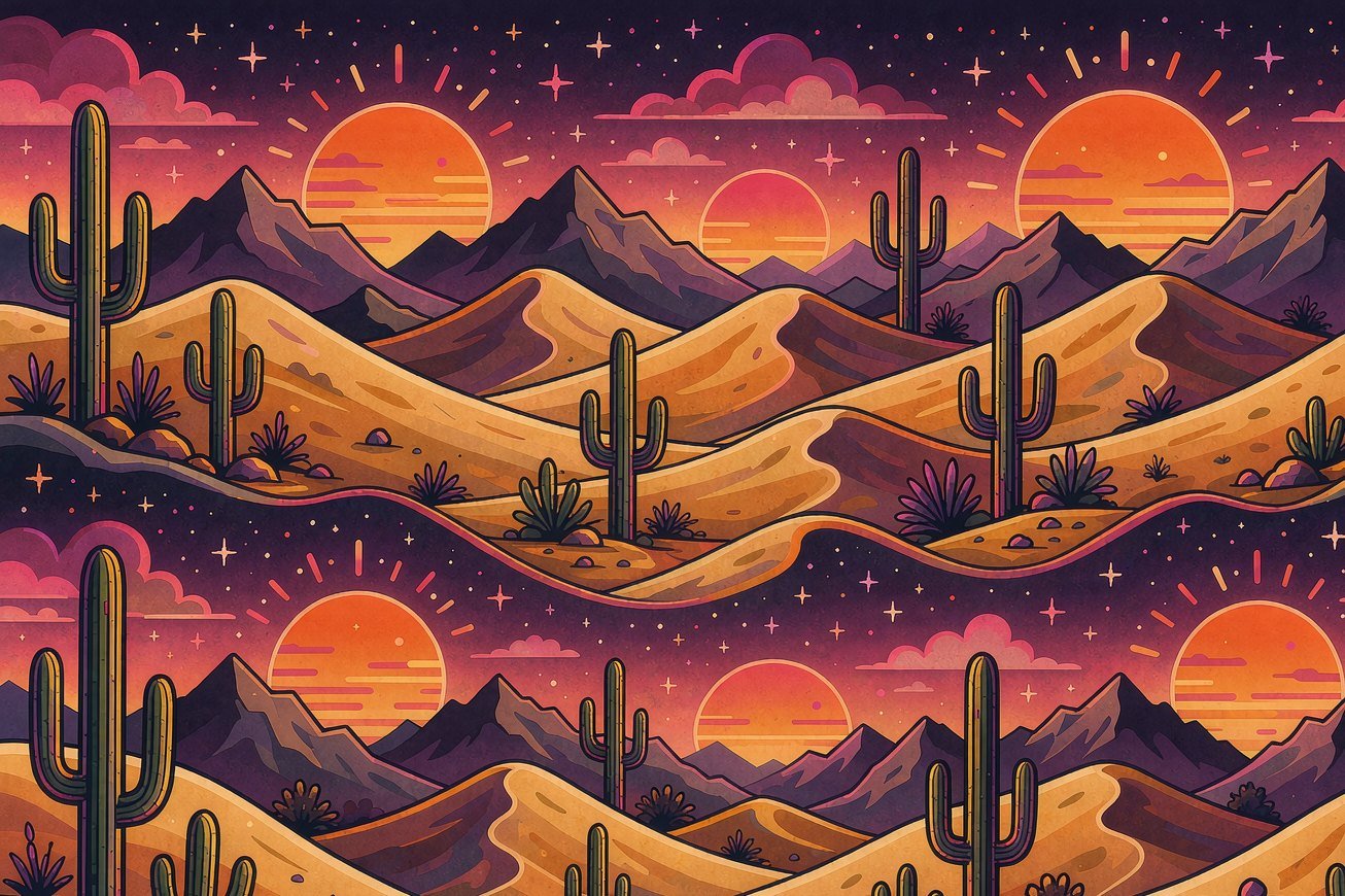 Desert dunes and saguaro cacti under orange sunsets