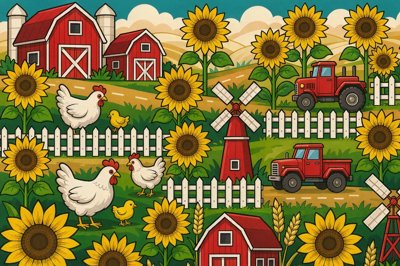 Sunflowers, red barns, hens and fences