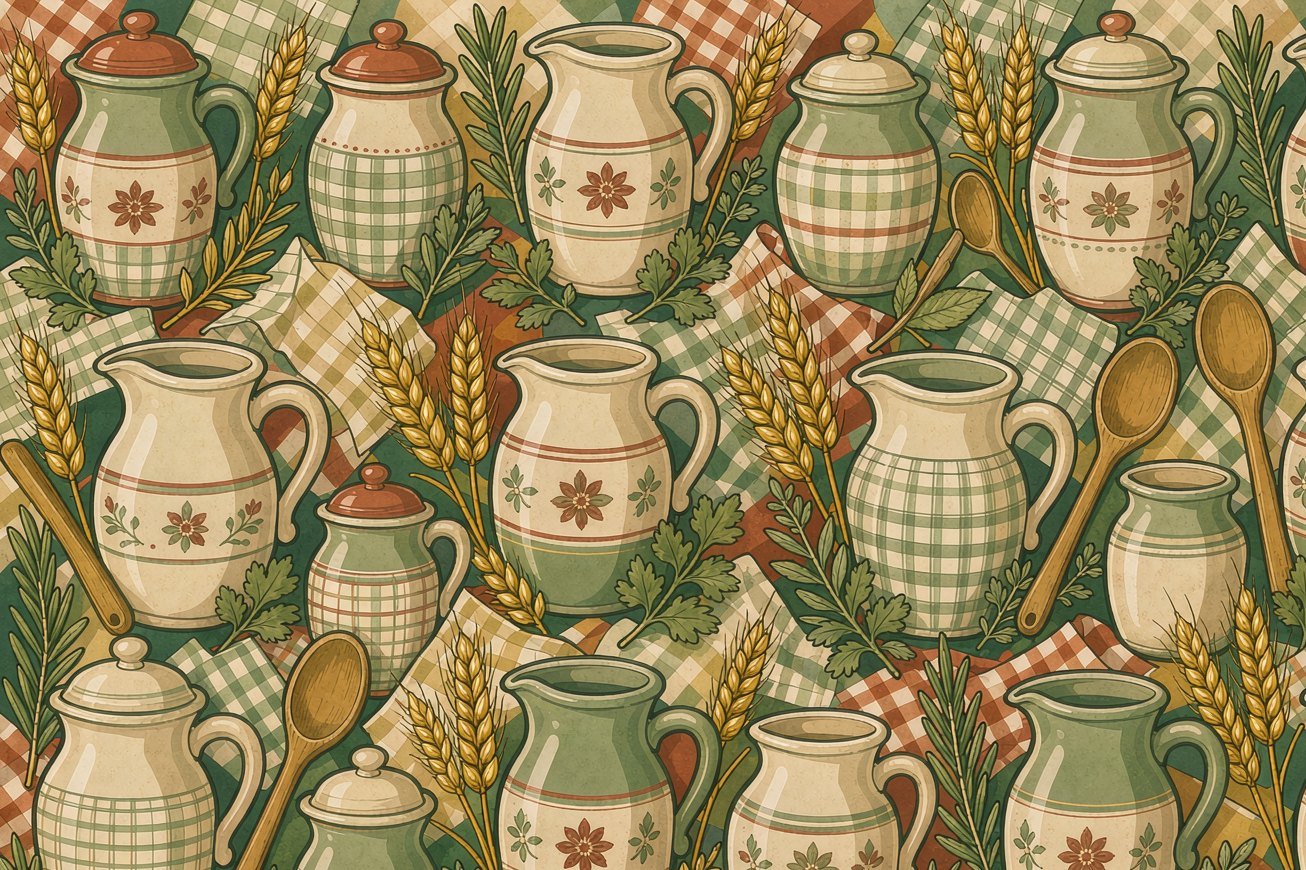 Ceramic jugs, wheat, gingham and herbs