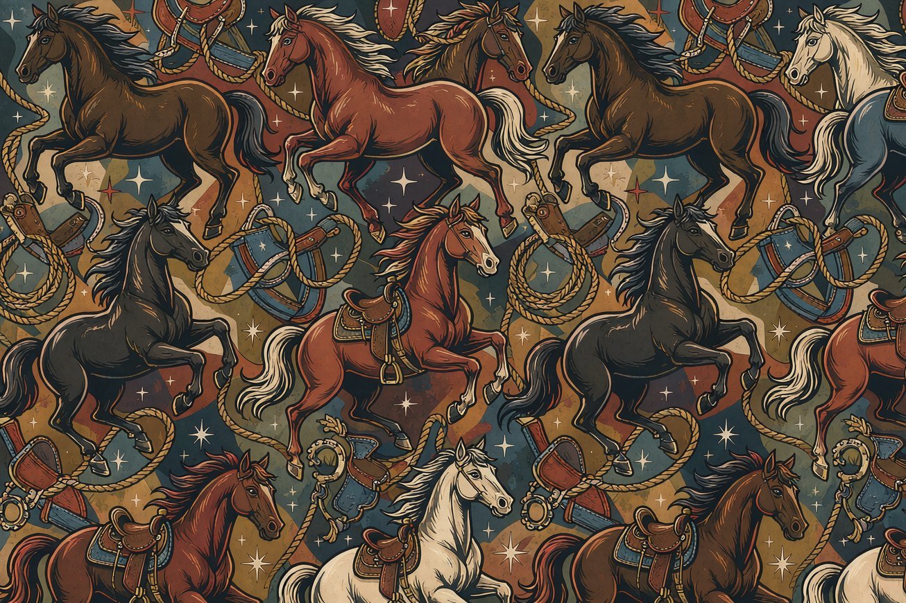 Galloping horses, lassos and saddles in western colours