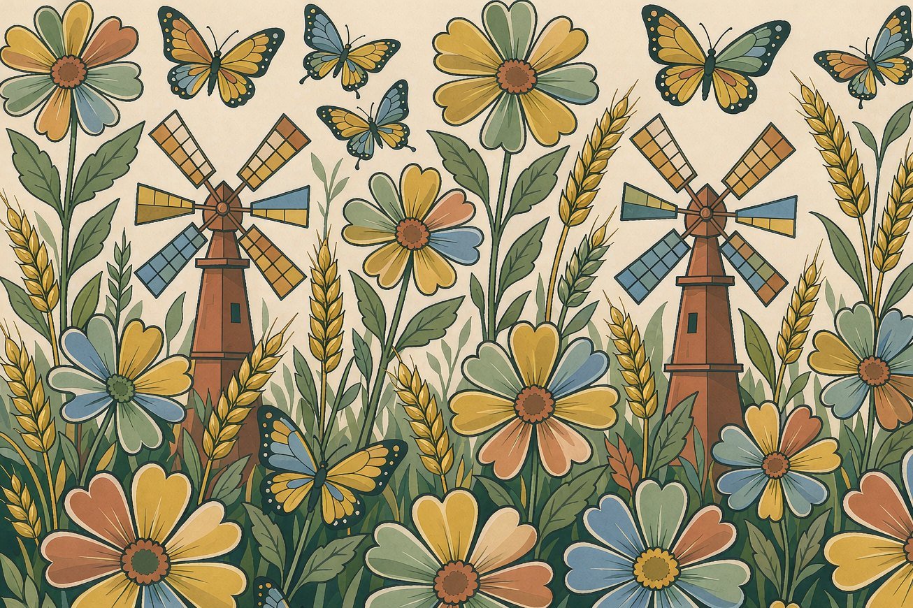 Prairie wildflowers, wheat and a country windmill