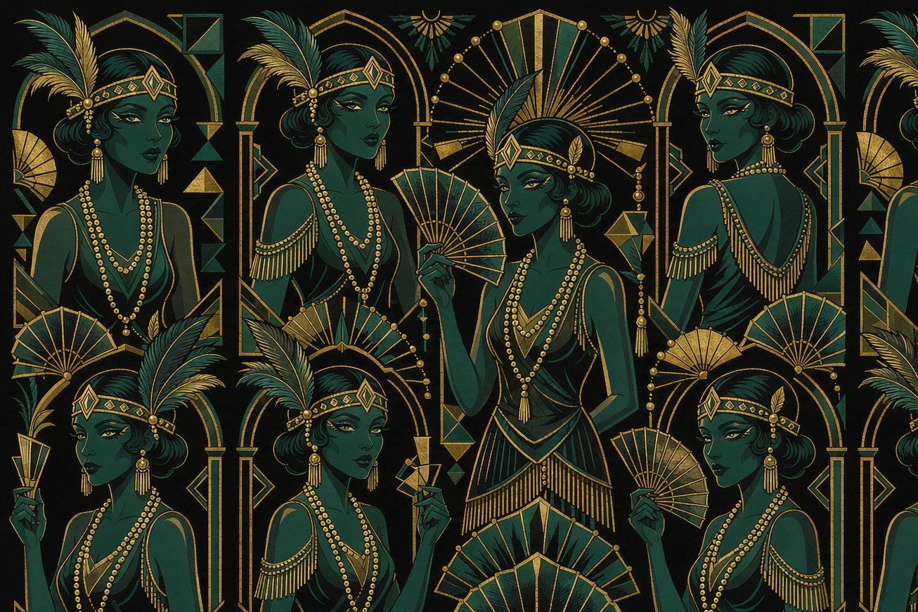 1920s flapper women with gold Art Deco frames