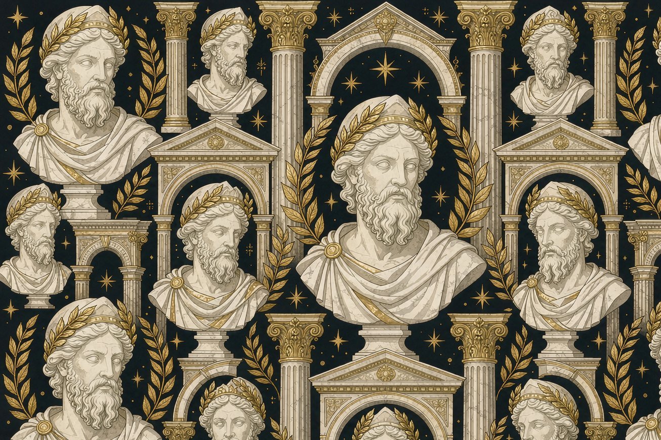 White marble statue busts with gold laurels on black