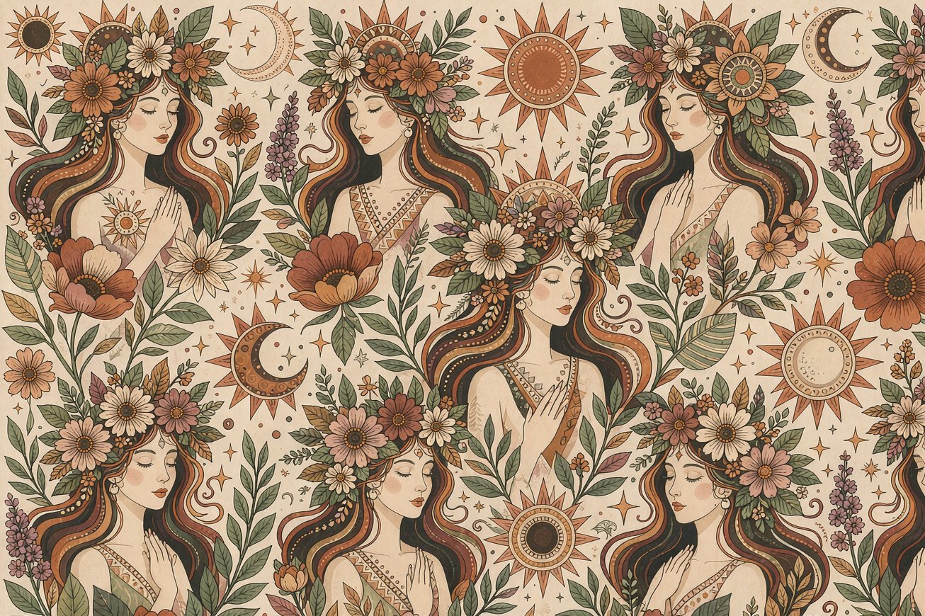 Boho women with flower crowns, suns and wildflowers